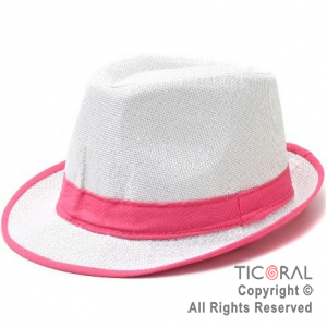 SOMBRERO PANAMA BLANCO CON CINTA FLUO FUCSIA TELA x 1